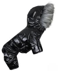 Зимний утепленный лакированный черный комбинезон для собак A-69 
