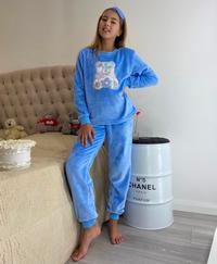 Детская тёплая велюровая пижама для девочки голубая 