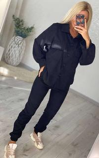 Черный вельветовый женский костюм с рубашкой на пуговицах микровельвет 